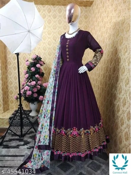 Purple Georgette Long Gown - Purple, XXL